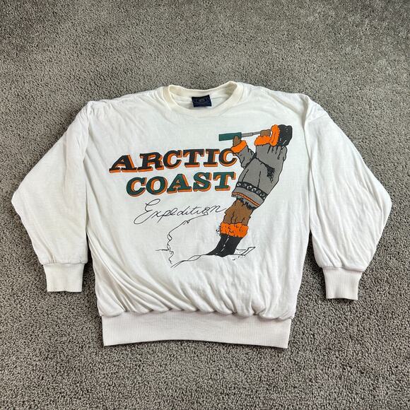 VTG 80s Arctic Expedition Sweatshirt Mens L 50 White Queen Of Saba Royal Fashion - Picture 1 of 15